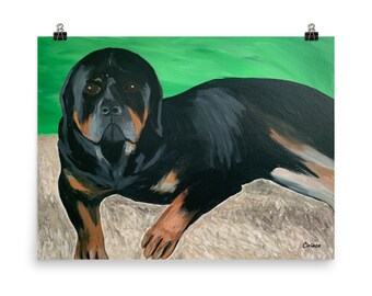 May include: A painting of a Rottweiler dog lying down on a rock with a green background. The dog is looking directly at the viewer. The painting is signed "Ciriaco" in the bottom right corner.