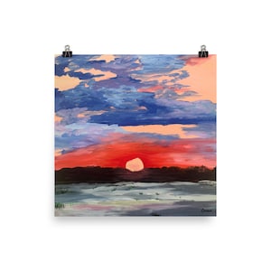Outer Banks print, obx, outer banks art, sunset print, Jockeys Ridge, sunset décor, blue sky painting, pink sunset print, red sunset image 2