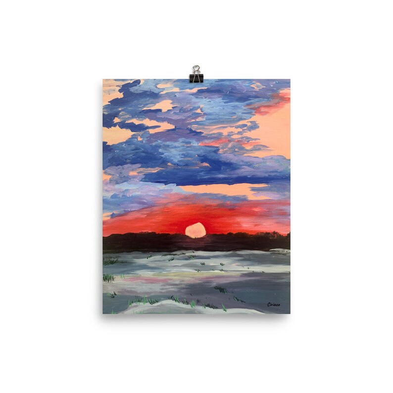 Outer Banks print, obx, outer banks art, sunset print, Jockeys Ridge, sunset décor, blue sky painting, pink sunset print, red sunset image 1