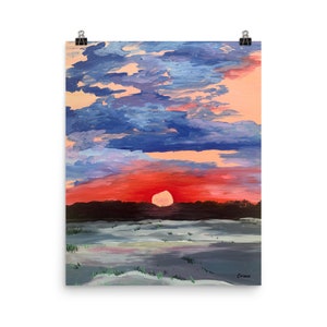 Outer Banks print, obx, outer banks art, sunset print, Jockeys Ridge, sunset décor, blue sky painting, pink sunset print, red sunset image 3