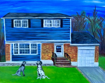 home portrait with pets, custom house portrait, home portrait, photo to painting, moving gift, original painting, home décor