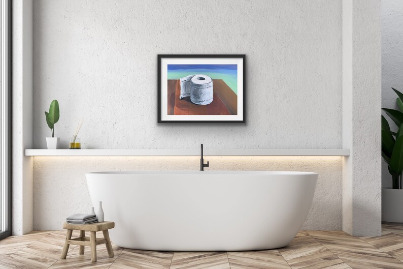 May include: A framed painting of a white toilet paper roll on a wooden surface. The background is a blue and green gradient.
