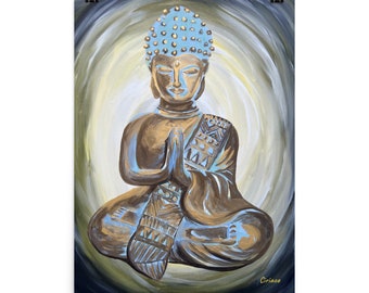 Golden Buddha, gold buddha print, buddha, buddha wall art, buddha art, buddha painting, buddha statue, gold and blue art