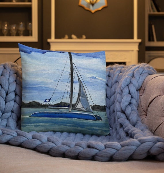 Boat Pillow Boat on Water Pillow Boat Painting Blue Pillow Etsy