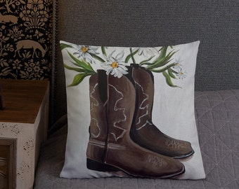 cowboy boots and daisies, cowboy boots pillow, daisies pillow, cowboy boots art, daisy art, country pillow, farmhouse decor