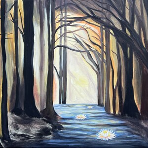 dark tree art, healing art, tree painting, dark trees, trees and water painting, landscape painting, peaceful painting