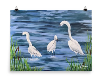 impresión de garceta, pintura de egret, garcetas en impresión de agua, impresión de aves, pintura de vida silvestre, decoración del hogar, arte de la pared, decoración de la playa, impresiones de arte de playa