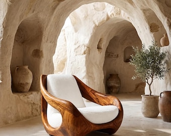 Spry Interior Sculptural Natural Wood Accent Chair, Artistic Handcrafted Solid Wood Lounge Armchair for Living Room