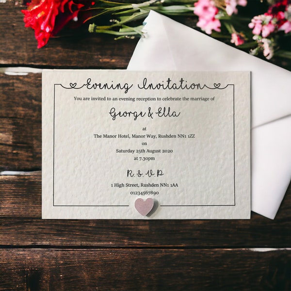 Wedding Invitations, Handmade Personalised Evening Wedding Reception Invites, Modern Invitations with Envelopes