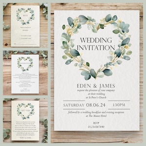 Eucalyptus Wedding Invitations Set, Evening Wedding Reception Invitation, Save the Date Cards Information, RSVP, Gift Wish Poem Cards, Menus