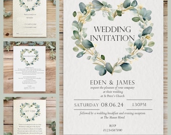 Eucalyptus Wedding Invitations Set, Evening Wedding Reception Invitation, Save the Date Cards Information, RSVP, Gift Wish Poem Cards, Menus