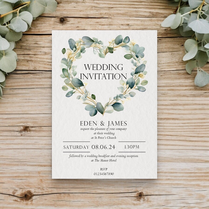 May include: Wedding invitation with a green and gold eucalyptus wreath in the shape of a heart. The text reads "Wedding Invitation", "Eden & James", "request the pleasure of your company at their wedding at St Peter's Church", "Saturday 08.06.24 1.30PM", "followed by a wedding breakfast and evening reception at The Manor Hotel", "RSVP 01234567890".