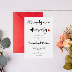 May include: White invitation card with black text announcing a "Happily Ever After Party" to celebrate the marriage of Rachael and Melissa. The event will be held at The Manor Hotel in Rushden on Friday, August 5th, 2024 at 8:30pm. RSVP information is included.