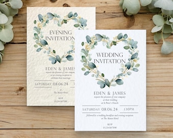Eucalyptus Wedding Invitations, Evening Reception Party Invites, Botanical Green Wreath Invites, Wedding Invitations with Envelopes