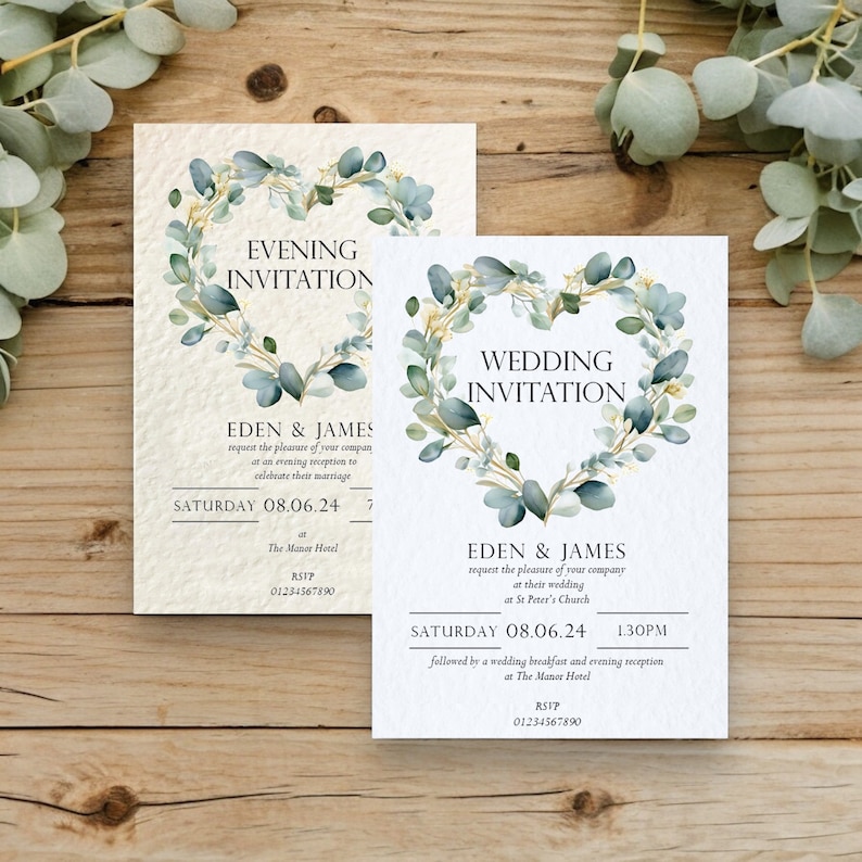 May include: Two wedding invitations with a eucalyptus wreath design. The top invitation is for an evening reception and the bottom invitation is for a wedding ceremony and reception. Both invitations feature the names Eden & James, the date Saturday 08.06.24, and the location The Manor Hotel.