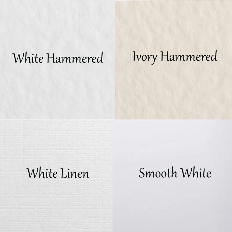 May include: Four different paper samples: White Hammered, Ivory Hammered, White Linen, and Smooth White.