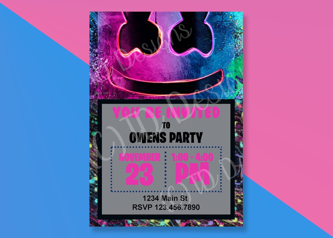 Custom Neon DJ Marshmello Invitation DIGITAL DOWNLOAD Etsy