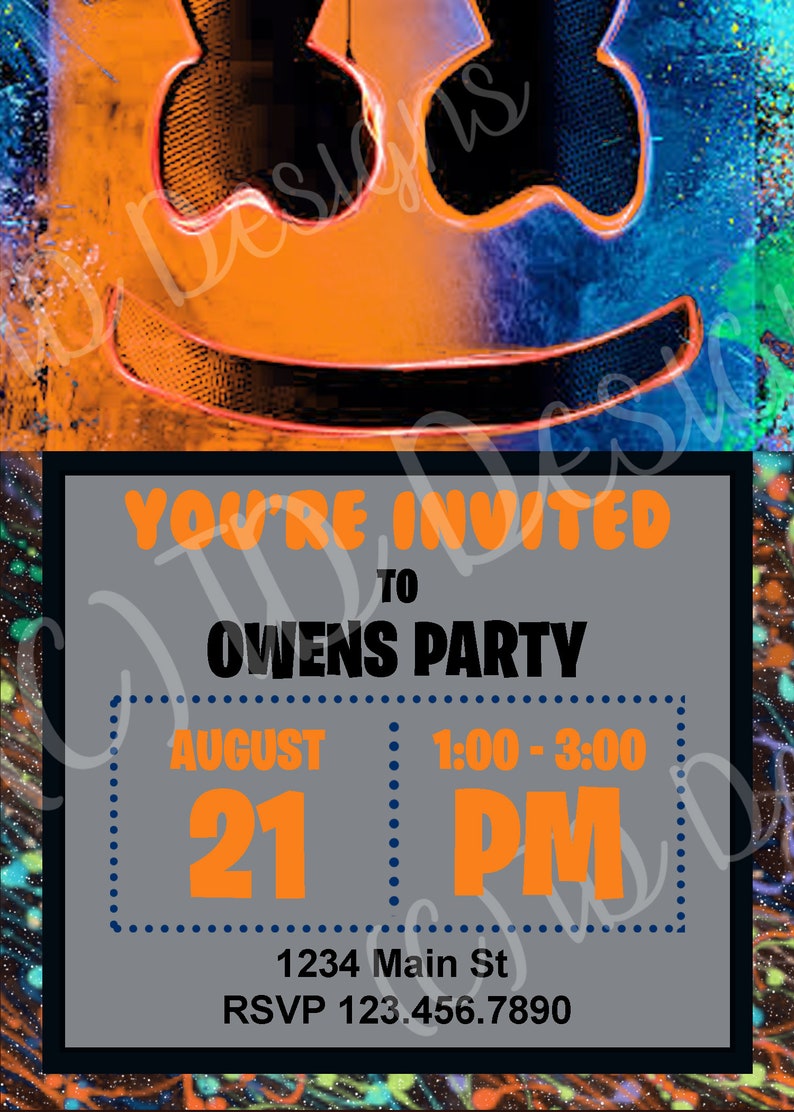 Custom Neon DJ Marshmello Invitation DIGITAL DOWNLOAD Etsy