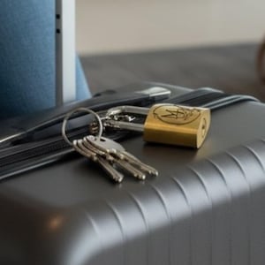 May include: A dark gray rolling suitcase with a gold padlock and keys on top. The suitcase has a black handle and is being held by a person wearing blue jeans. The background shows a waiting area with seating.