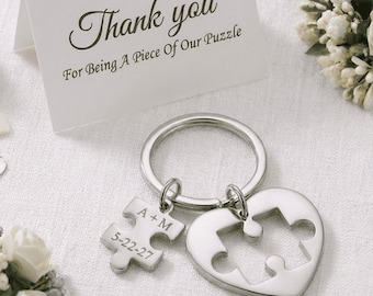 Personalized Stainless Steel Puzzle Keychain Wedding Favors With Bride And Groom Names or Couples Initials & Date A Piece of Our Big Day Key