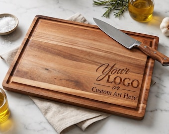 Logo Thick Cutting Board – Custom Engraved Bamboo or Acacia Chopping Block, Wedding, Housewarming & Anniversary Gift, Corporate Gift