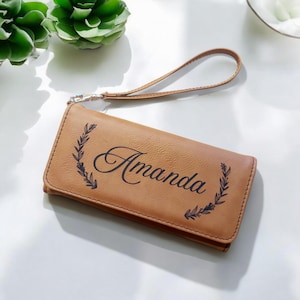 Cartera de cuero personalizada para mujer, cartera de cuero personalizada, monedero de cuero con cremallera, cartera grabada para mujer, cartera grabada, Día de la Madre