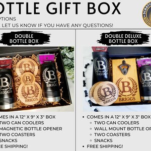 May include: Two gift boxes containing personalized items for a man. The box on the left contains two insulated beverage containers, three coasters, and two snack bags. The box on the right contains two insulated beverage containers, a wall-mounted bottle opener, two coasters, and two snack bags. Both boxes are 12 inches by 9 inches by 3 inches.