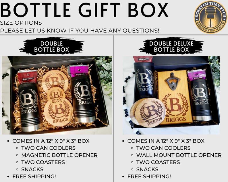 May include: Two gift boxes containing personalized items for a man. The box on the left contains two insulated beverage containers, three coasters, and two snack bags. The box on the right contains two insulated beverage containers, a wall-mounted bottle opener, two coasters, and two snack bags. Both boxes are 12 inches by 9 inches by 3 inches.