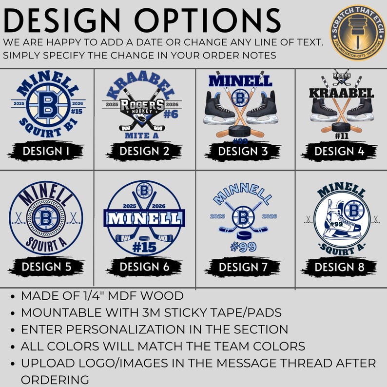 Peut inclure: Options de design sur le th&egrave;me du hockey. L'image pr&eacute;sente huit designs diff&eacute;rents avec des noms d'&eacute;quipes, des logos et des num&eacute;ros de joueurs. Les designs incluent des crosses, des palets et des patins en bleu et blanc. Le texte donne des instructions de personnalisation.