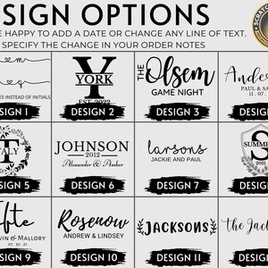May include: Twelve different design options for a personalized wooden sign. Each design features a different font style, layout, and text. The designs include names, dates, and other personalized details.