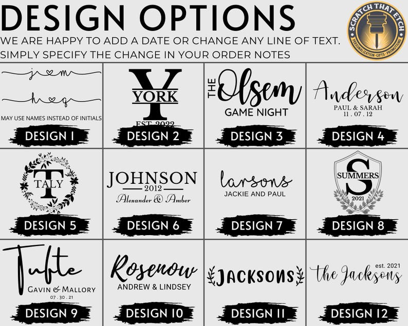 May include: Twelve different design options for a personalized wooden sign. Each design features a different font style, layout, and text. The designs include names, dates, and other personalized details.