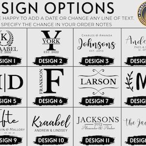 May include: Twelve different design options for a personalized wooden sign. Each design features a different font style and layout, with options for names, dates, and other text. The designs are displayed on a white background.