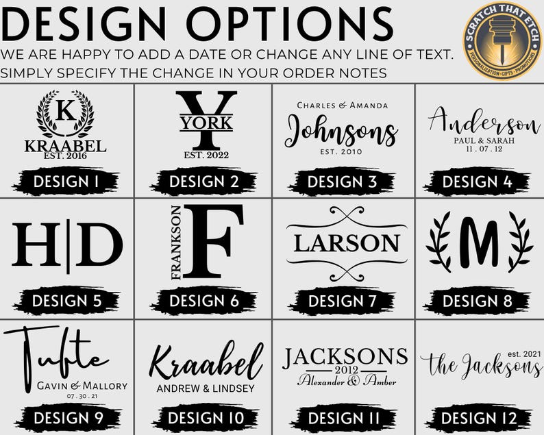 May include: Twelve different design options for a personalized wooden sign. Each design features a different font style and layout, with options for names, dates, and other text. The designs are displayed on a white background.