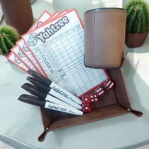 Yahtzee Leather Dice Cup and Tray, Personalized Yahtzee Set, Yahtzee Dice Cup and Tray, Gift for family, Gift for kids, Dry Erase Yahtzee