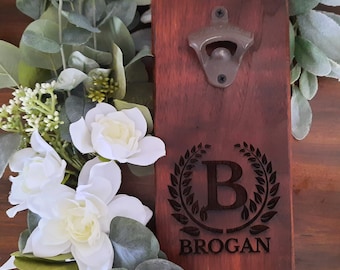 Personalized Wall Mount Bottle Opener, Oak or Cherry Wall Mount, Bar Accessories, Barbecue Accessory, Beer Opener, Soda Opener, Fathers Day