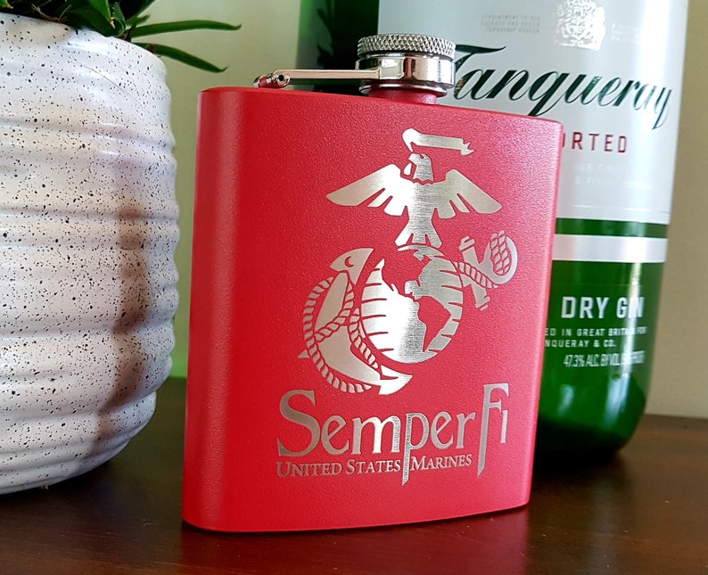 Marine Personalized Flask US Marine Corps Gift, Military Gift, Engraved Whiskey Flask, Etched Hip Flask image 2