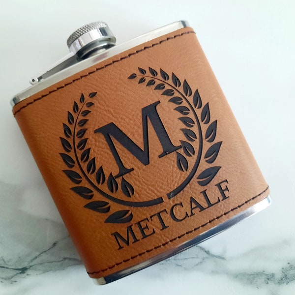 Personalized Leather Flask, Groomsman Gift, Grooms Gift, Birthday, Gift for him, Engraved Whiskey Flask, Etched Hip Flask