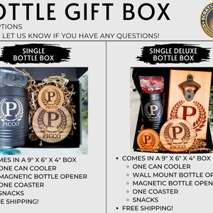 May include: Two gift box options for a single bottle. The single bottle box includes a 9" x 6" x 4" box, a can cooler, a magnetic bottle opener, a coaster, and snacks. The single deluxe bottle box includes a 9" x 6" x 4" box, a can cooler, a wall mount bottle opener, a magnetic bottle opener, a coaster, and snacks. Both boxes include free shipping.