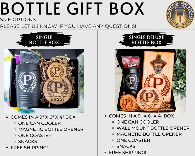 May include: Two gift box options for a single bottle. The single bottle box includes a 9" x 6" x 4" box, a can cooler, a magnetic bottle opener, a coaster, and snacks. The single deluxe bottle box includes a 9" x 6" x 4" box, a can cooler, a wall mount bottle opener, a magnetic bottle opener, a coaster, and snacks. Both boxes include free shipping.