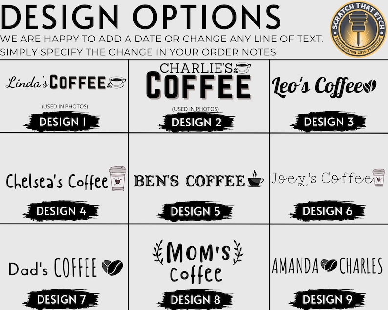 May include: Nine different design options for a personalized coffee mug. Each design features a different name and the word "Coffee" with a coffee cup or coffee bean graphic. The designs are numbered 1 through 9.