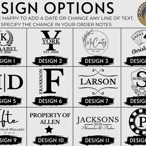 May include: Twelve different design options for a personalized wooden sign. Each design features a different font style, layout, and graphic element. The designs include names, dates, and other text.