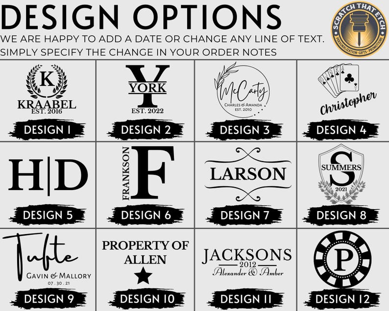 May include: Twelve different design options for a personalized wooden sign. Each design features a different font style, layout, and graphic element. The designs include names, dates, and other text.