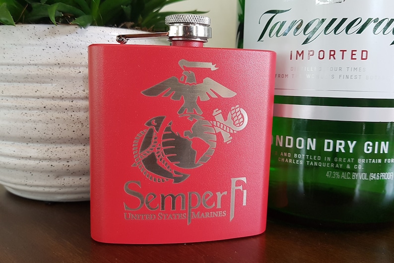 Marine Personalized Flask US Marine Corps Gift, Military Gift, Engraved Whiskey Flask, Etched Hip Flask image 1