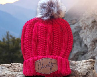 Personalized Beanie Hat, Leather Patch Beanies, Adult Pom Pom Beanie, Christmas Gift, Woman Pom Hats, Knitted Beanie for her, Custom Winter