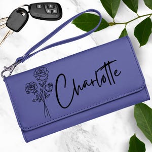 Cartera de piel con diseño de flor de nacimiento, cartera para mujer, monedero de piel con cremallera, cartera de piel para mujer, regalo de cumpleaños personalizado, regalo para ella