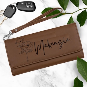 Cartera de piel con diseño de flor de nacimiento, cartera para mujer, monedero de piel con cremallera, cartera de piel para mujer, regalo de cumpleaños personalizado, regalo para ella