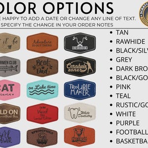 Puede incluir: Una colecci&oacute;n de parches de cuero personalizados en varios colores y dise&ntilde;os. Los parches presentan frases como "Adventure is out there", "Best Dad" y "Trouble Maker". Las opciones de color incluyen bronceado, cuero crudo, negro/plata y m&aacute;s. El texto "COLOR OPTIONS" est&aacute; en la parte superior.