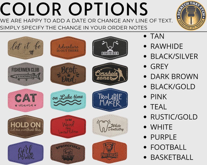 Puede incluir: Una colecci&oacute;n de parches de cuero personalizados en varios colores y dise&ntilde;os. Los parches presentan frases como "Adventure is out there", "Best Dad" y "Trouble Maker". Las opciones de color incluyen bronceado, cuero crudo, negro/plata y m&aacute;s. El texto "COLOR OPTIONS" est&aacute; en la parte superior.