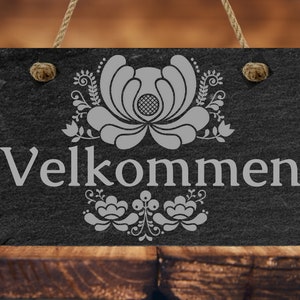 VELKOMMEN Door Sign, NORSK Slate Door Hanger, WELCOME, Rosemall Front Door Welcome Sign, Door Hanger, Front Porch, Wall Hanger, Valkommen