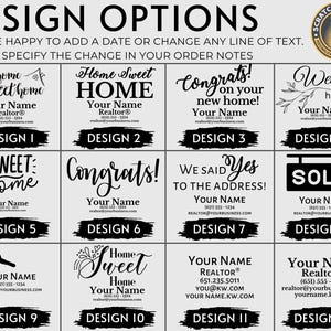 Op de afbeelding: Een grafiek met 12 ontwerpopties voor onroerend goed borden. Elk ontwerp bevat tekst zoals "Home Sweet Home", "Gefeliciteerd met je nieuwe huis!" en "Verkocht". De ontwerpen zijn in zwart en wit.